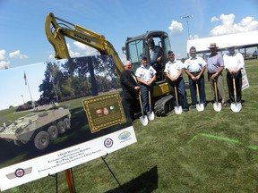 Ernst Kuglin/The Intelligencer
The sod was officially turned Thursday for the LAV III Monument to be constructed adjacent to the Afghanistan Repatriation Memorial in Trenton’s Bain Park. The project is spearheaded by The Honorary Colonels Group at 8 Wing/CFB Trenton. At the sod turning were Quinte West Mayor Jim Harrison, 8 Wing/CFB Trenton Commanding Officer Col. Col. Keiver, CWO Darcy Elder and Honorary Colonels John Williams, Bernie Ouellete, Kemp Steward and Armin Quickert.