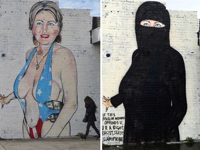 This combo shows a file photo, left, taken on July 30, 2016 of a mural created by street graffiti artist Lushsux of Democrat U.S. presidential nominee Hillary Clinton clad in a revealing stars and stripes swimsuit; and the same mural taken and released as a handout image, right, on August 2, 2016 by Lushsux showing her covered over in a black burqa, as worn by Muslim women, after the original mural showing the swimsuit was reportedly deemed offensive. The provocative mural is on the wall of a small business in the Melbourne suburb of Footscray, and reports on July 30 said the business had been asked by the local Maribyrnong Council to remove the original. (AFP PHOTO/LUSHSUX/PAUL CROCK AND LUSHSUX/Getty Images)