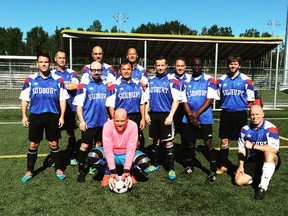 Members of the Sudbury All-Stars team pose for a photo after the first games in the Northern Ontario Masters Soccer Championship, played in North Bay on July 16. The series continues in Sudbury on Saturday. Photo supplied