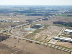 An aerial view of the Highway 401 and Veterans Memorial Parkway interchange looking southwest in London. (CRAIG GLOVER, The London Free Press)