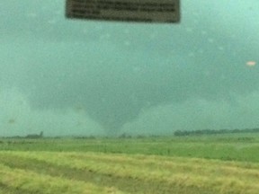 A tornado caused damage in Stockton, Man., on Aug. 4, 2016. (TWITTER PHOTO/@Conway30789074)