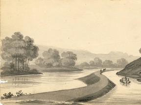 In this 1825 drawing provided by the University of Michigan's William L. Clements Library, a sketch of a section of the Erie Canal by Episcopalian minister John Henry Hopkins is shown. Arthur Cohn, director of the Lake Champlain Maritime Museum, and co-founder of a Vermont history museum, is traveling New York's Erie Canal and exhibiting prints of rarely-seen, nearly 200-year-old artwork of the waterway. (John Henry Hopkins via William L. Clements Library via AP)