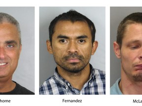 These booking photos provided by the Fairfax County, Va., Police Department show, from left, City of Fairfax, Va., Mayor Richard “Scott” Silverthorne, Juan Jose Fernandez, 34, and Caustin Lee McLaughlin, 21, both of Maryland.  (Fairfax County, Va., Police Department via AP)