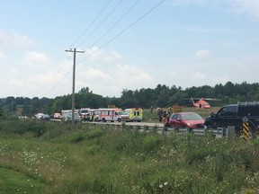 An air ambulance attends the scene of a multi-vehicle crash Friday just before noon in Elgin County. (Hala Ghonaim/The London Free Press/Postmedia Network)