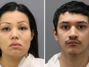 Alyssa Garcia (left) was charged Thursday, Aug. 4, 2016, with felony counts of concealed death and attempted residential arson in connection to the death of her son Manuel Aguilar. Christian Camerena (right) was also charged in connection with the death. (Chicago Police Department via AP)