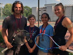 From left, Justin Bourassa, Ryan Davies, Divija Bhargava and Monika Polakovic each won their respective divisions at the Jack Clift memorial open tennis tournament at the Sarnia Tennis Club. The event was recently renamed in honour of Clift, a founding member of the club. Handout/Sarnia Observer/Postmedia Network