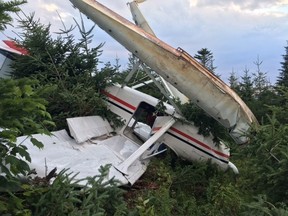 A Cessna 180 plane is shown in this image provided by the RCMP taken on Thursday Aug. 4, 2016 after a crash near Stephenville Crossing, Newfoundland. (THE CANADIAN PRESS/HO-RCMP)