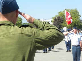 Ernst Kuglin/The Intelligencer
Review Officer Lt. Col. Trevor Campbell salutes Parade Commander, cadet Patrick Dye, during Friday’s general training graduation parade (Serial 2) at the Trenton Cadet Training Centre at CFB Trenton.