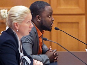 Former University of Wisconsin and NFL running back Montee Ball,right, with his attorney Erika Bierma, left, is sentenced on domestic abuse charges at the Dane County Courthouse in Madison, Wis., Friday, Aug. 5, 2016. (Amber Arnold/Wisconsin State Journal via AP)