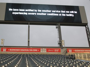 A weather warning is posted for a game delay prior to the start of the Bombers/Tiger-Cats game in Winnipeg, Man. Wednesday August 03, 2016.Brian Donogh/Winnipeg Sun/Postmedia Network