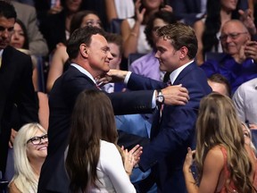 Brian Bellows and Kiefer Bellows attend Round 1 of the NHL Draft on June 24, 2016 in Buffalo, New York. (Bruce Bennett/Getty Images)