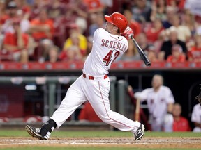 Scott Schebler, here smashing his walk-off three-run homer against the Cards on Tuesday, gets another chance to play regularly after Jay Bruce was traded to the Mets. (Getty Images)