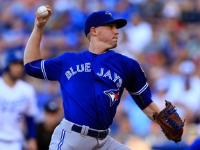 Blue Jays starting pitcher Aaron Sanchez delivers to a Royals batter during second inning MLB action in Kansas City, Mo., on Saturday, Aug. 6, 2016. (Orlin Wagner/AP Photo)