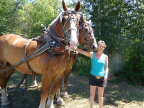 Bonnie Kogos/For the Sudbury Star
Ann Pyette of Pike Lake Farm, with Crackers and Jeff, her magnificent draft horses, who won the horse pull on Haweater Weekend in Little Current. “In Indiana, they caught our eye,” Ann says. “Horses are born athletes, and weightlifters, and they love to pull.”