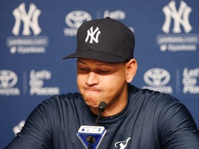 New York Yankees' Alex Rodriguez pauses as he announces that Friday, Aug. 12, 2016, will be his last game as a player during a news conference at Yankee Stadium in New York, Sunday, Aug. 7, 2016. He will continue on in a role as a special adviser and instructor to the team through Dec. 31, 2017. (AP Photo/Kathy Willens)