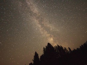 A meteor captured on camera during the Perseid meteor shower Aug. 12, 2015 just outside of Banff, Alta. (Tegan Muir/Postmedia)