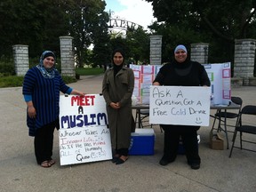 Tamara Elsayed, Roza Rayhani and Ferial Elkadri hosted London's first Meet a Muslim event outside Victoria Park on August 6, 2016 to counteract Islamophobia and reach out to the community. (AZZURA LALANI/The London Free Press)