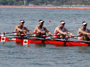Julien Bahain, from left, Rob Gibson of Kingston, Will Dean and Pascal Lussier of Canada compete in the men's quadruple scull heat heat during the 2016 Summer Olympics in Rio de Janeiro, Brazil, Saturday, Aug. 6, 2016. (AP Photo/Andre Penner)