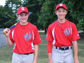 Mitchell teens Jake Monden (left) and Curt Eidt are members of the Western Ontario Baseball Association (WOBA) 15U (bantam) baseball team which will be part of the Ontario Summer Games this week, Aug. 11-14, in Mississauga. SUBMITTED