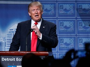 Republican presidential candidate Donald Trump delivers an economic policy speech to the Detroit Economic Club, Monday, Aug. 8, 2016, in Detroit. (AP Photo/Evan Vucci)