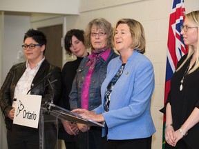 Helena Jaczek, minister of community and social services, during the announcement of the Rural Realities Fund in Strathroy back in January. Joining her on stage were, from left, Marlene Ham, provincial co-ordinator of Ontario Association of Interval and Transition Houses, Kate Wiggins of Women’s Community House in London, Corey Allison of Women’s Rural Resource Centre of Strathroy and Area, and Jehan Chaudhry, executive director of Sandgate Women’s Shelter in York Region. (File photo)