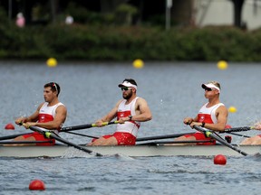 Will Crothers, Tim Schrijver, Conlin Mccabe and Kai Langerfeld, of Canada, compete in the men's rowing four heat during the 2016 Summer Olympics in Rio de Janeiro, Brazil, Monday, Aug. 8, 2016. (AP Photo/Andre Penner)