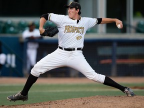 Edmonton Prospects' Kody Funderburk pitches against the Medicine Hat Mavericks during Game 4 of  the WMBL playoff series at the former Telus Field in Edmonton on Aug. 8, 2016.