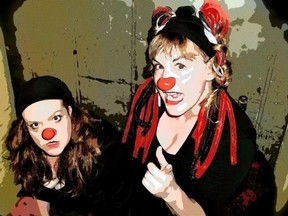 L-R: Spenser Payne and Alissa Watson as Dot and Dab in THE POLKA DOTS OF DEATH: The Making of a Supervillain, at Edmonton Fringe 2016. THE RED NOSE DIARIES
