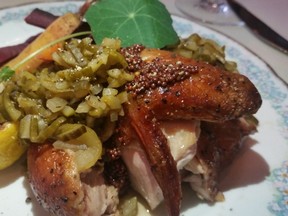 An Alberta wood-chip smoke adds a special fragrance to the Cornish hen dish.