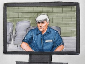 In this Tuesday, Aug. 9, 2016 courtroom sketch, former Illinois Gov. Rod Blagojevich, right, appears via video from a Colorado prison during his re-sentencing in a federal courtroom in Chicago. (AP Photo/Tom Gianni)