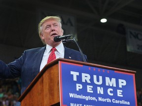 Republican presidential candidate Donald Trump addresses the audience during a campaign event at Trask Coliseum on August 9, 2016 in Wilmington, North Carolina. This was Trump's first visit to Southeastern North Carolina since he entered the presidential race. (Photo by Sara D. Davis/Getty Images)
