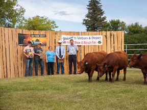 Reece Maxwell accepts Overall Grand Champion from Minburn and District Agriculture Society President Teresa Jackson, following the society's 23rd Annual Heifer Show and Bench Sale on Saturday, August 6, 2016, in Minburn, Alta. Joining Reece is cousin Bryce, Judge Kurt Pederson, and Vermilion-Lloydminster MLA Richard Starke. Taylor Hermiston/Vermilion Standard/Postmedia Network.