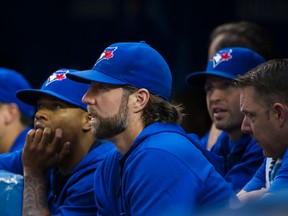Toronto Blue Jays R.A. Dickey and Marcus Stroman look on during Tuesday’s game against the Tampa Bay Rays at the Rogers Centre in Toronto. (Ernest Doroszuk/Toronto Sun/Postmedia Network)