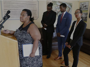 Margaret Parsons, executive director of the African Canadian Legal Clinic, speaks at the Justice for Abdirahman news conferences at City Hall on Aug. 4. (Patrick Doyle, Postmedia)