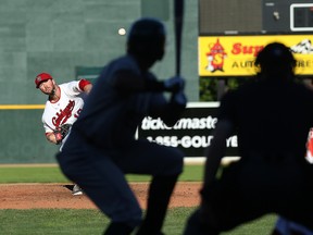 Winnipeg Goldeyes starting pitcher Ethan Carnes delivers to a Gary Southshore Railcats batter during American Association action at Shaw Park in Winnipeg, Man. on Thu., June 30, 2016 Kevin King/Winnipeg Sun/Postmedia Network