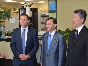 Ontario Progressive Conservative Leader Patrick Brown, Scarborough-Rouge River byelection candidate Raymond Cho and Dr. Douglas Mark, a family physician and interim director of Doctors Ontario on Aug. 10, 2016. (Aaron D'Andrea/Toronto Sun)