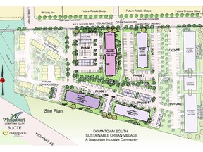 The updated site plans for a new retirement village in downtown Whitecourt. According to developers, the project was pushed back by the provincial election but is now back on track. (Greg Christenson Developments)