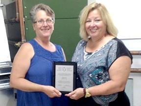 MPP for Huron Bruce Lisa Thompson (left) awarded the Ontario Trillium Foundation recognition plaque to St. Joseph’s Kingsbridge Community executive Terrie Van Osch.