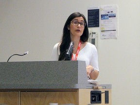 Farrah Khan, panelist, discusses Ryerson University's sexual violence support program at the Ontario Universities Take Action Against Sexual Violence Conference in the Biosciences Complex of Queen's University in Kingston. (Julia Balakrishnan/For the Whig-Standard/Postmedia Network