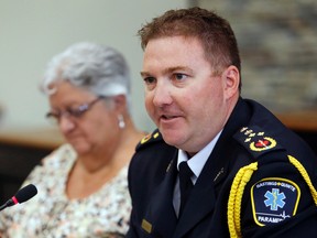 Luke Hendry/The Intelligencer
Returning Hastings-Quinte Paramedic Services Chief Doug Socha addresses the Hastings/Quinte emergency services committee in Belleville Wednesday. In the background is chairwoman Bernice Jenkins of Bancroft.