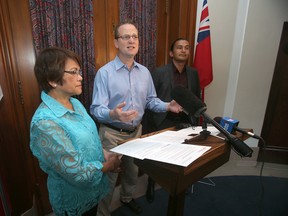 From the left; Interim Leader of the Opposition. Flor Marcelino, Rob Altemeyer, Environment and Green Jobs critic, and Wab Kinew, Educaton Critic.  The opposition criticized the Manitoba Government today.   Wednesday, August 10, 2016.   Sun/Postmedia Network