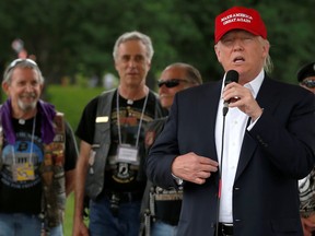 Republican U.S. presidential candidate Donald Trump addresses the Rolling Thunder motorcycle rally to highlight POW-MIA issues on Memorial Day weekend in Washington, U.S. May 29, 2016.  (REUTERS/Jonathan Ernst)
