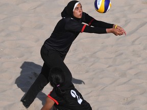 Doaa El-Ghobashy and Nada Meawad of Egypt in action during practice at the Arena de Vlei de Praia Beach Volleyball Venue on August 2, 2016 in Rio de Janeiro, Brazil.  (Shaun Botterill/Getty Images)