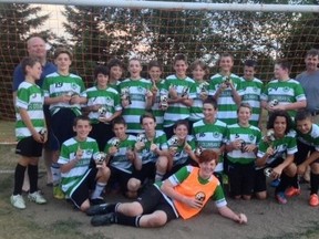 Back row left: Kase Schoonderwoerd (not looking), coach Nick tenHag (just behind), Cole Melady, Owen Gemmell, Darren Feltz, Josh Bedour, Isaiah Sills, Liam Wilson, Gavin Ricard, Owen Cronin, Luke Poppe, Kody O'Rourke, coach Jeff Campbell
Front Row:  Aiden Wilson, Joey Hill, Kyle Eisler, Nathan Earl, Josh Ulch, Colin Campbell, Owen Taylor, Greg Reidy
Laying in front:  Ben tenHag.(Submitted photo)