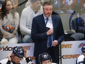 File photo of Colorado Avalanche head coach Patrick Roy looks on against the St. Louis Blues in the first period of an NHL hockey game, Sunday, April 3, 2016, in Denver. (AP Photo/David Zalubowski/Files)