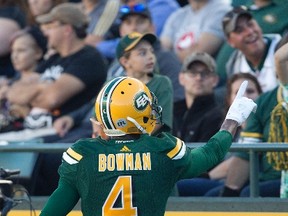 Edmonton Eskimos' Adarius Bowman (4) celebrates a touchdown that was later called back against the Montreal Alouettes during first half CFL action in Edmonton on Thursday, August 11, 2016.