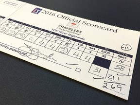 Golfer Jim Furyk's scorecard from his record round of 58 is displayed at the World Golf Hall of Fame in St. Augustine, Florida.