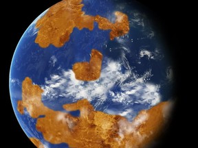 A computer rendition showing the model land-ocean pattern of Venus. (NASA Handout)