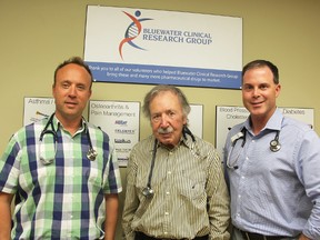 Doctors John O'Mahony, Michael O'Mahony and Sean Peterson are the principal investigators at the Bluewater Clinical Research Group in Sarnia. Among the drugs they're trialing is a potential new treatment for chronic back pain and hip and knee arthritis. Tyler Kula/Sarnia Observer/Postmedia Network