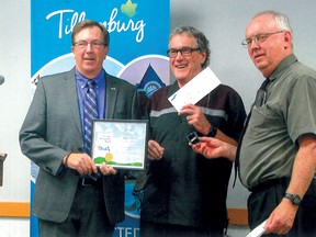Jack Parker is presented his Town of Tillsonburg Volunteer Achievement Award by Mayor Stephen Molnar and Councillor Brian Stephenson. (CONTRIBUTED PHOTO)